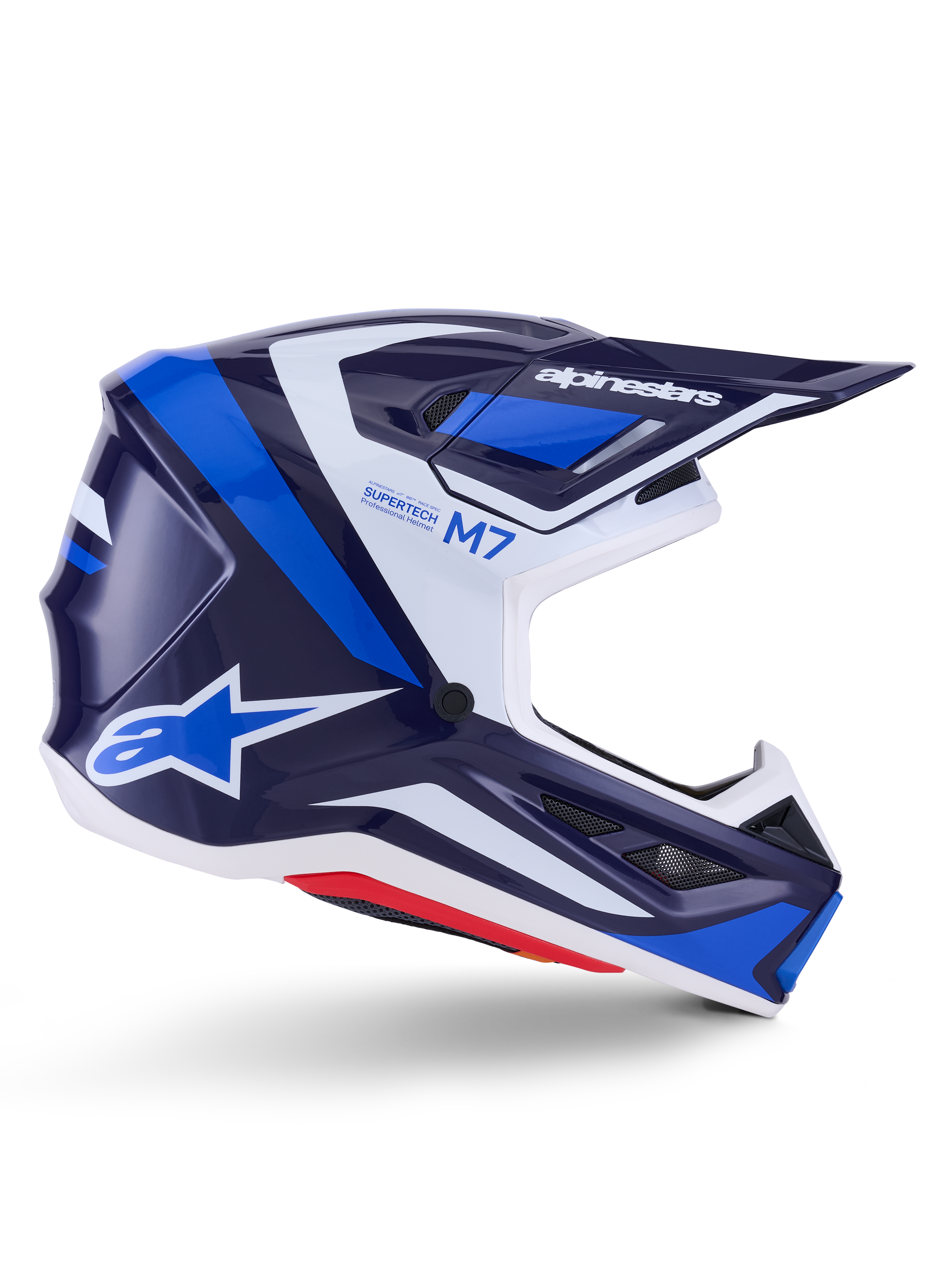 Capacete Alpinestars S-M7 Rise, capacete de motocross, azul e branco brilhante, perfil lateral com calota composta aerodinâmica, viseira ventilada e design angular com logótipos destacados, proteção profissional para todo-o-terreno