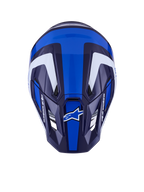 Alpinestars S-M7 Rise Helmet, Motocross Helmet, Blue White Glossy, top-down view showing aerodynamic shell and ventilation ports, featuring white and dark blue angular graphics with bold branding