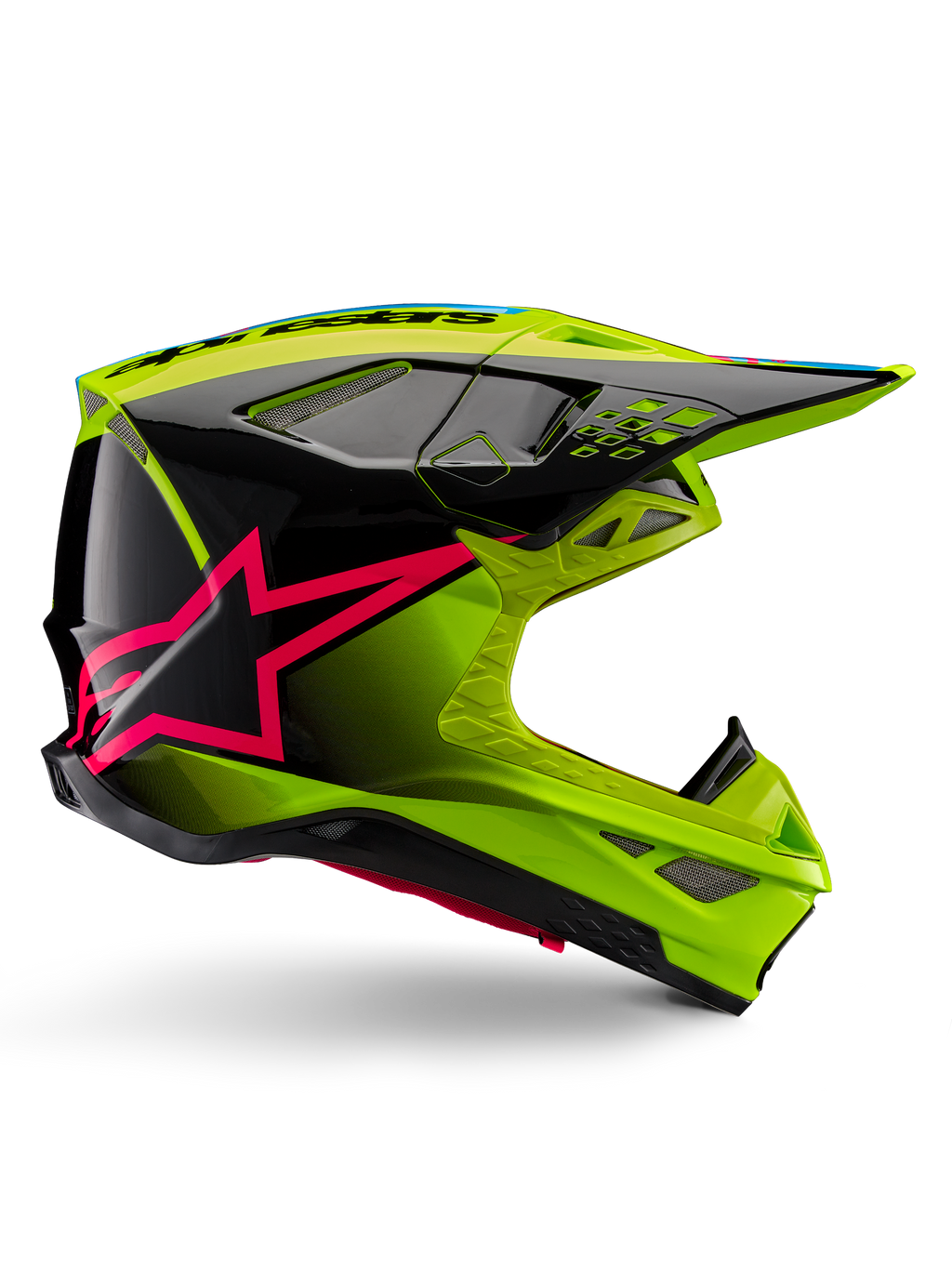 Capacete Alpinestars Supertech M10 Unite, capacete de motocross, amarelo néon e preto com grafismos de estrela em Diva Pink, design aerodinâmico brilhante com múltiplas aberturas de ventilação, certificado ECE 22.06