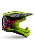 Capacete Alpinestars Supertech M10 Unite, capacete de motocross, amarelo néon e preto com grafismos de estrela em Diva Pink, design aerodinâmico brilhante com múltiplas aberturas de ventilação, certificado ECE 22.06