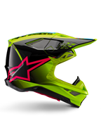 Capacete Alpinestars Supertech M10 Unite, capacete de motocross, amarelo néon e preto com grafismos de estrela em Diva Pink, design aerodinâmico brilhante com múltiplas aberturas de ventilação, certificado ECE 22.06