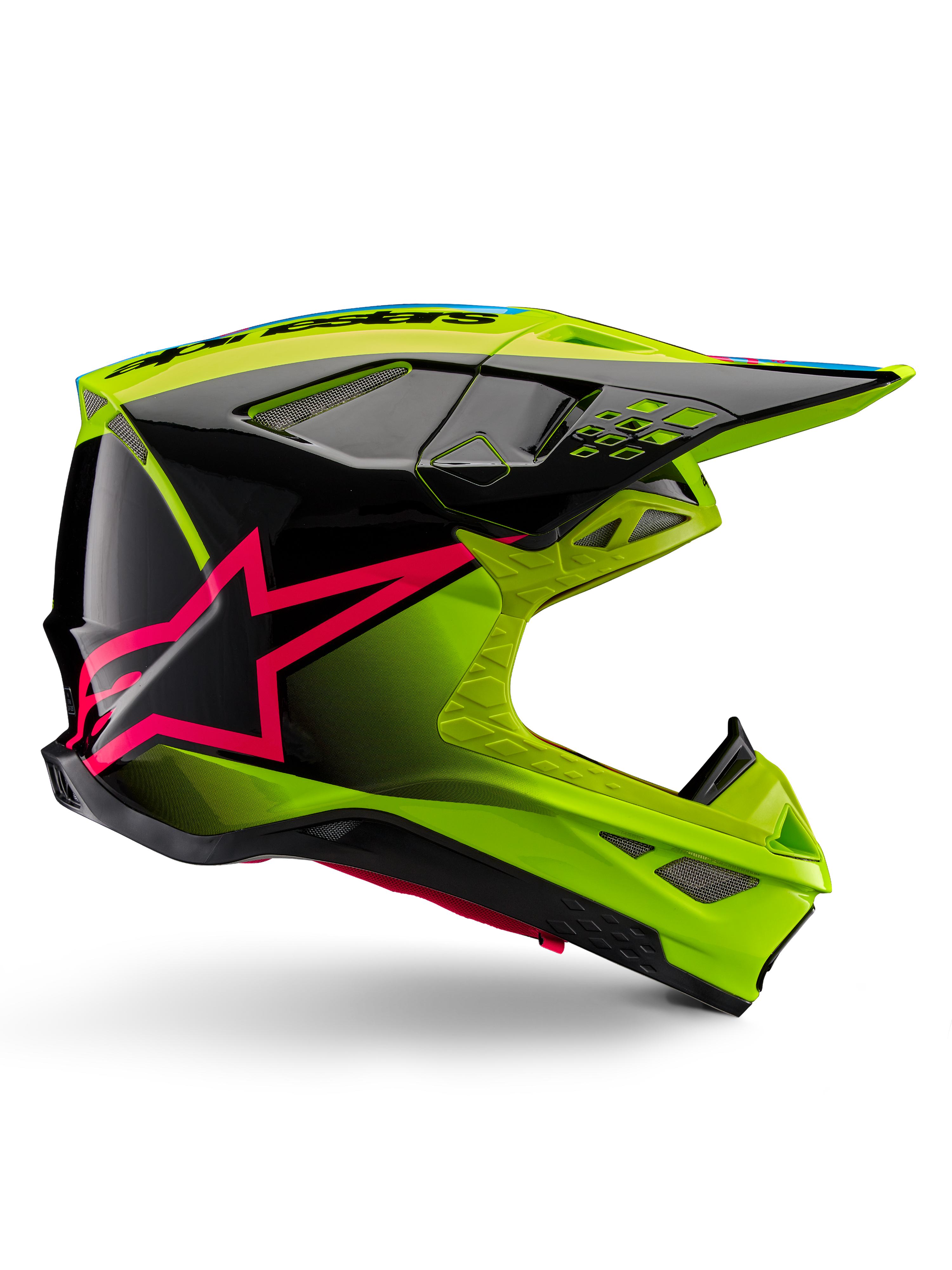 Capacete Alpinestars Supertech M10 Unite, capacete de motocross, amarelo néon e preto com grafismos de estrela em Diva Pink, design aerodinâmico brilhante com múltiplas aberturas de ventilação, certificado ECE 22.06