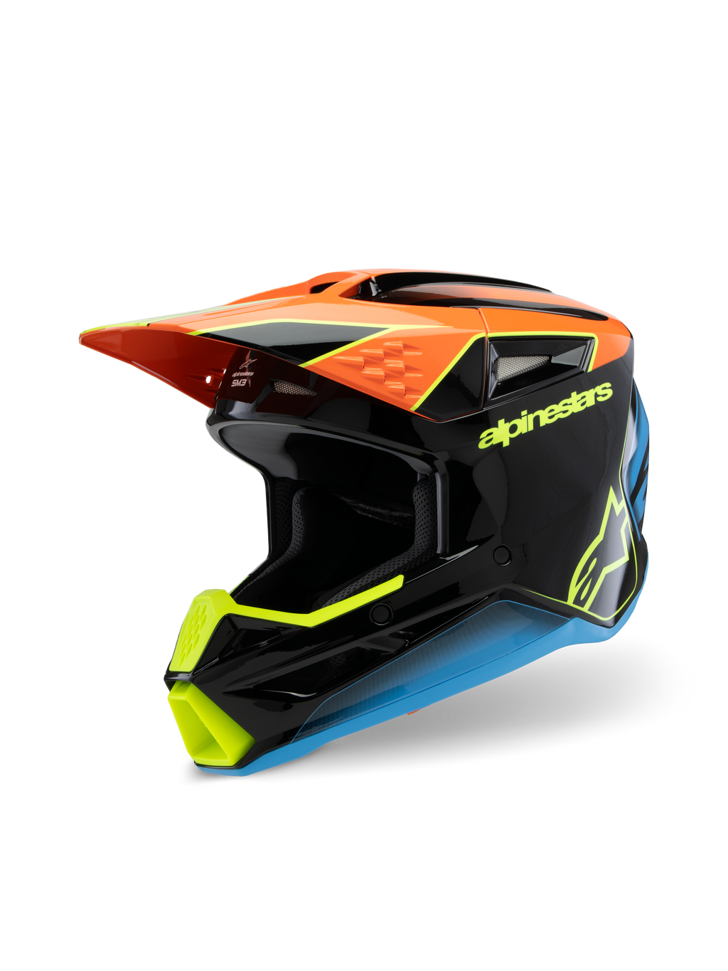 Alpinestars S-M3 Youth Fray Helmet, capacete de motocross, preto, laranja, amarelo e azul, apresentando um acabamento brilhante, viseira aerodinâmica e logótipos em destaque para corridas todo-o-terreno juvenis