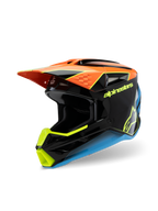 Alpinestars S-M3 Youth Fray Helmet, capacete de motocross, preto, laranja, amarelo e azul, apresentando um acabamento brilhante, viseira aerodinâmica e logótipos em destaque para corridas todo-o-terreno juvenis
