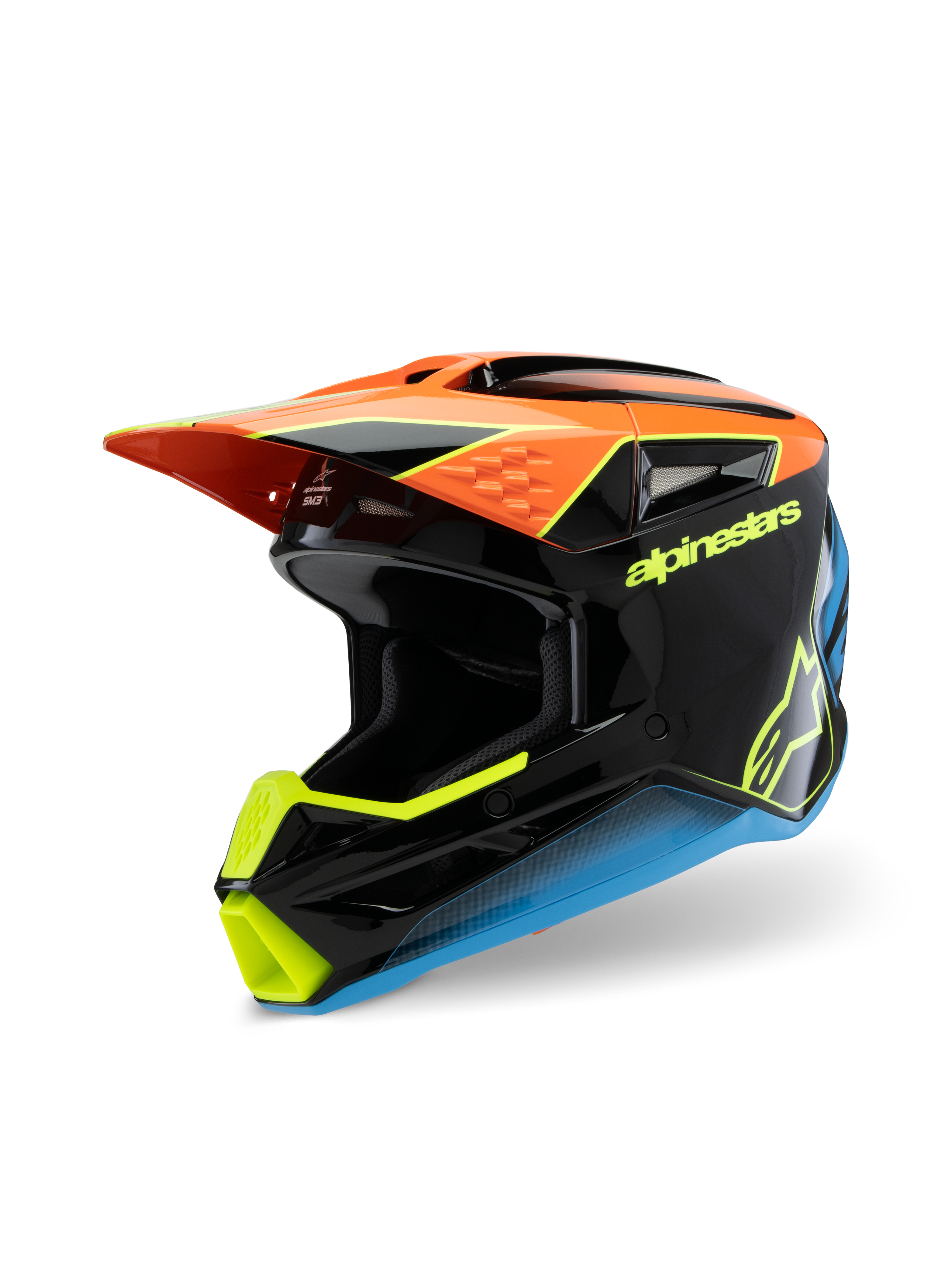 Alpinestars S-M3 Youth Fray Helmet, capacete de motocross, preto, laranja, amarelo e azul, apresentando um acabamento brilhante, viseira aerodinâmica e logótipos em destaque para corridas todo-o-terreno juvenis