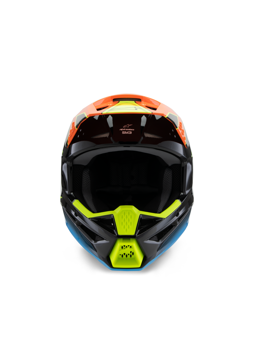 Alpinestars S-M3 Youth Fray Helmet, vista frontal de um capacete de motocross preto com gráficos vibrantes em laranja, amarelo néon e azul, concebido para corridas off-road para jovens