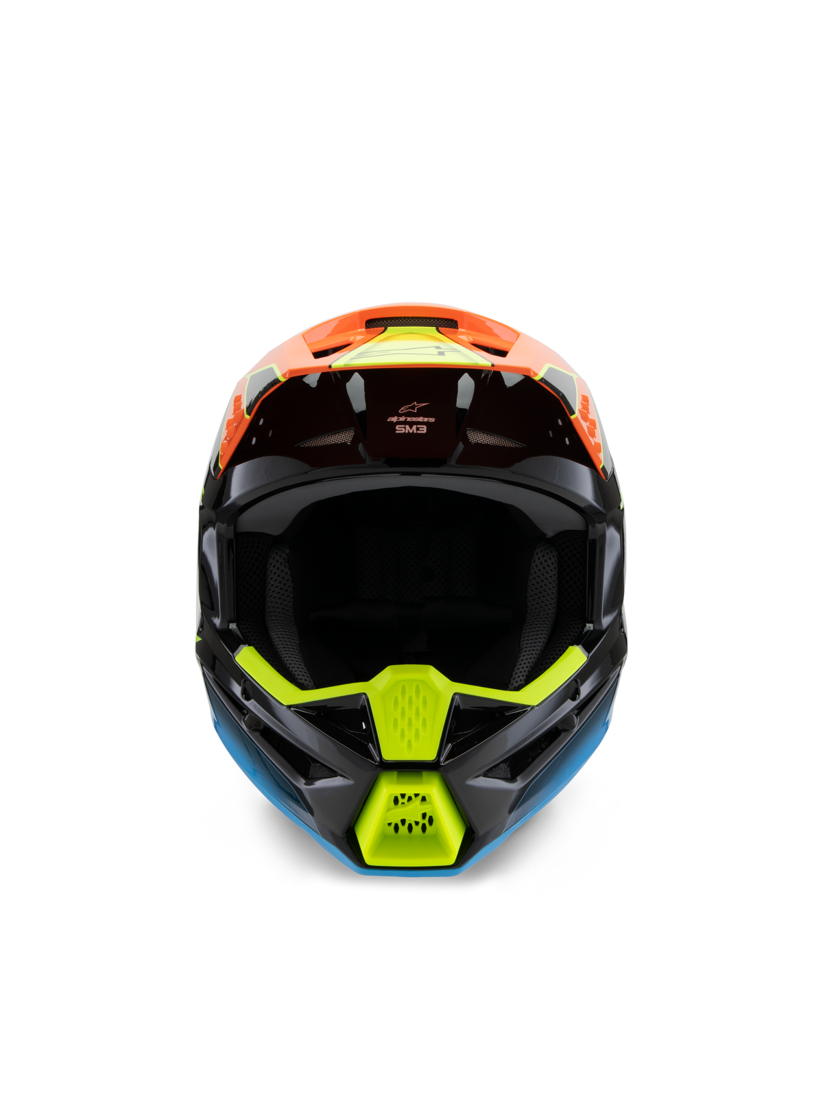 Alpinestars S-M3 Youth Fray Helmet, vista frontal de um capacete de motocross preto com gráficos vibrantes em laranja, amarelo néon e azul, concebido para corridas off-road para jovens