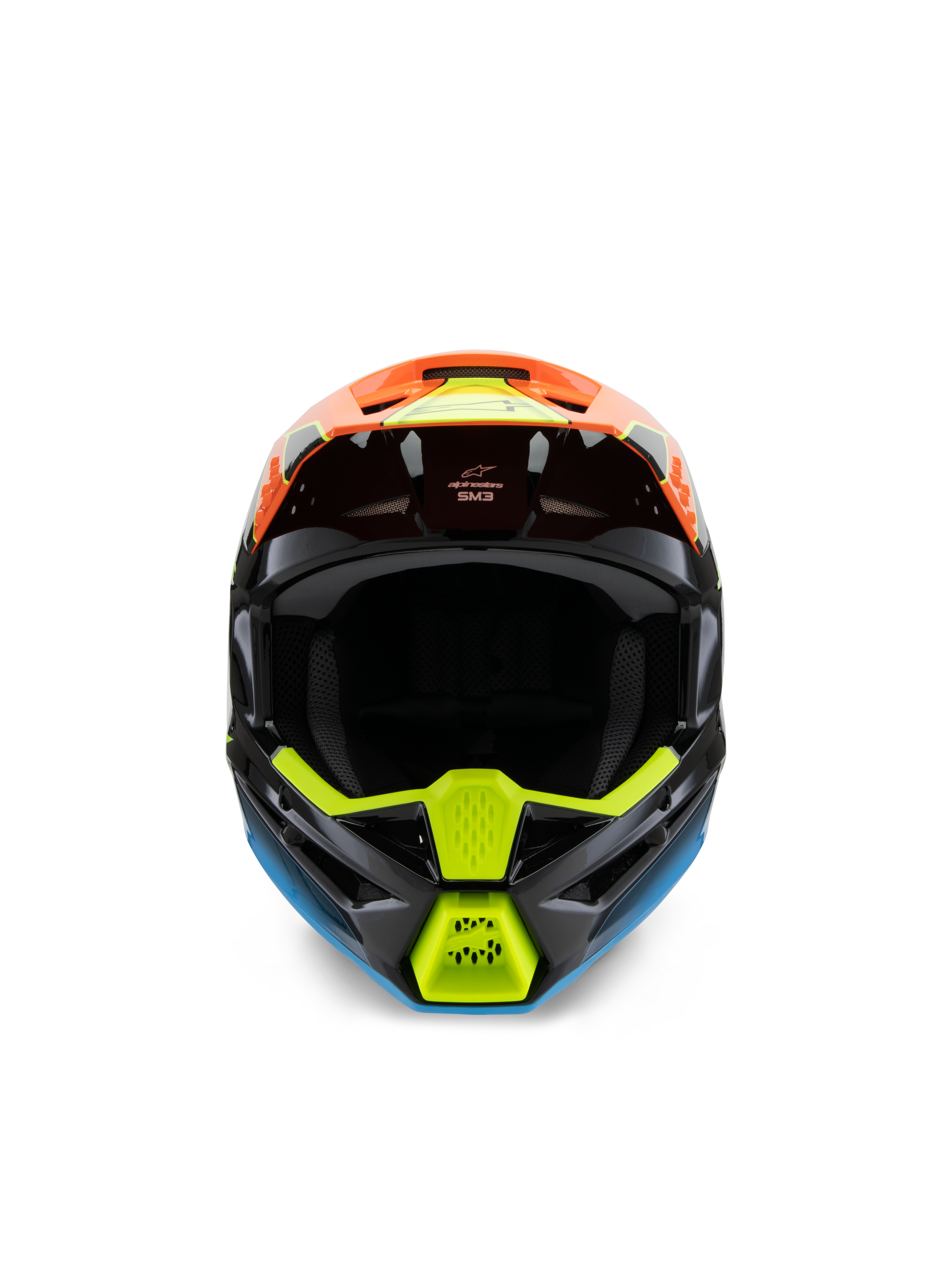 Alpinestars S-M3 Youth Fray Helmet, vista frontal de um capacete de motocross preto com gráficos vibrantes em laranja, amarelo néon e azul, concebido para corridas off-road para jovens