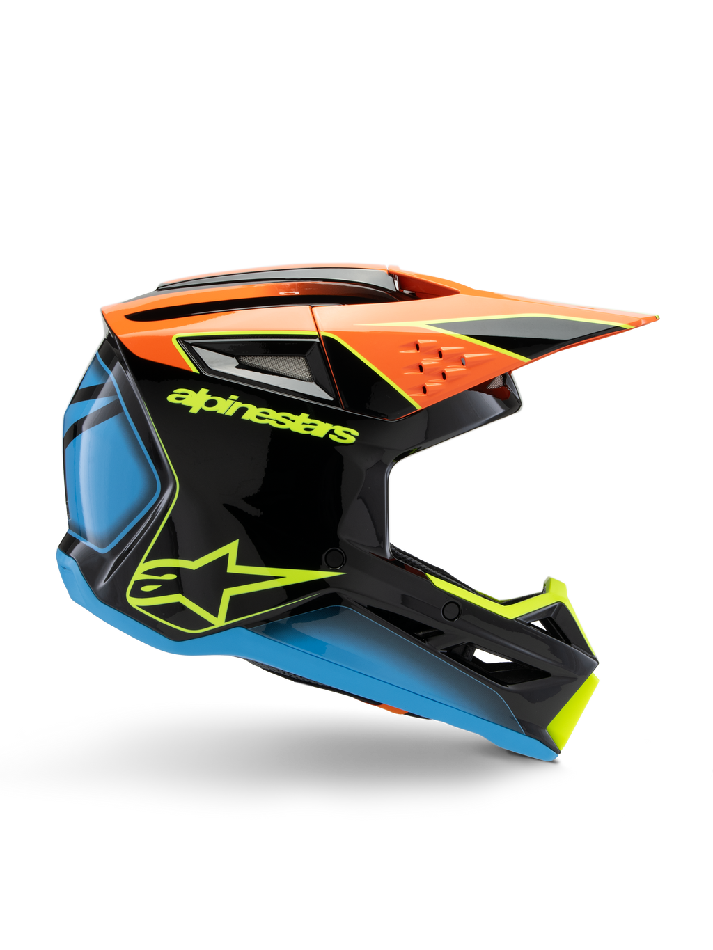 Alpinestars S-M3 Youth Fray Helmet, capacete de motocross, preto com detalhes em laranja, azul e amarelo fluorescente, vista de perfil lateral exibindo design aerodinâmico, entradas de ar e viseira pronunciada, acabamento brilhante com logótipo amarelo em destaque