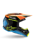 Alpinestars S-M3 Youth Fray Helmet, capacete de motocross, preto com detalhes em laranja, azul e amarelo fluorescente, vista de perfil lateral exibindo design aerodinâmico, entradas de ar e viseira pronunciada, acabamento brilhante com logótipo amarelo em destaque