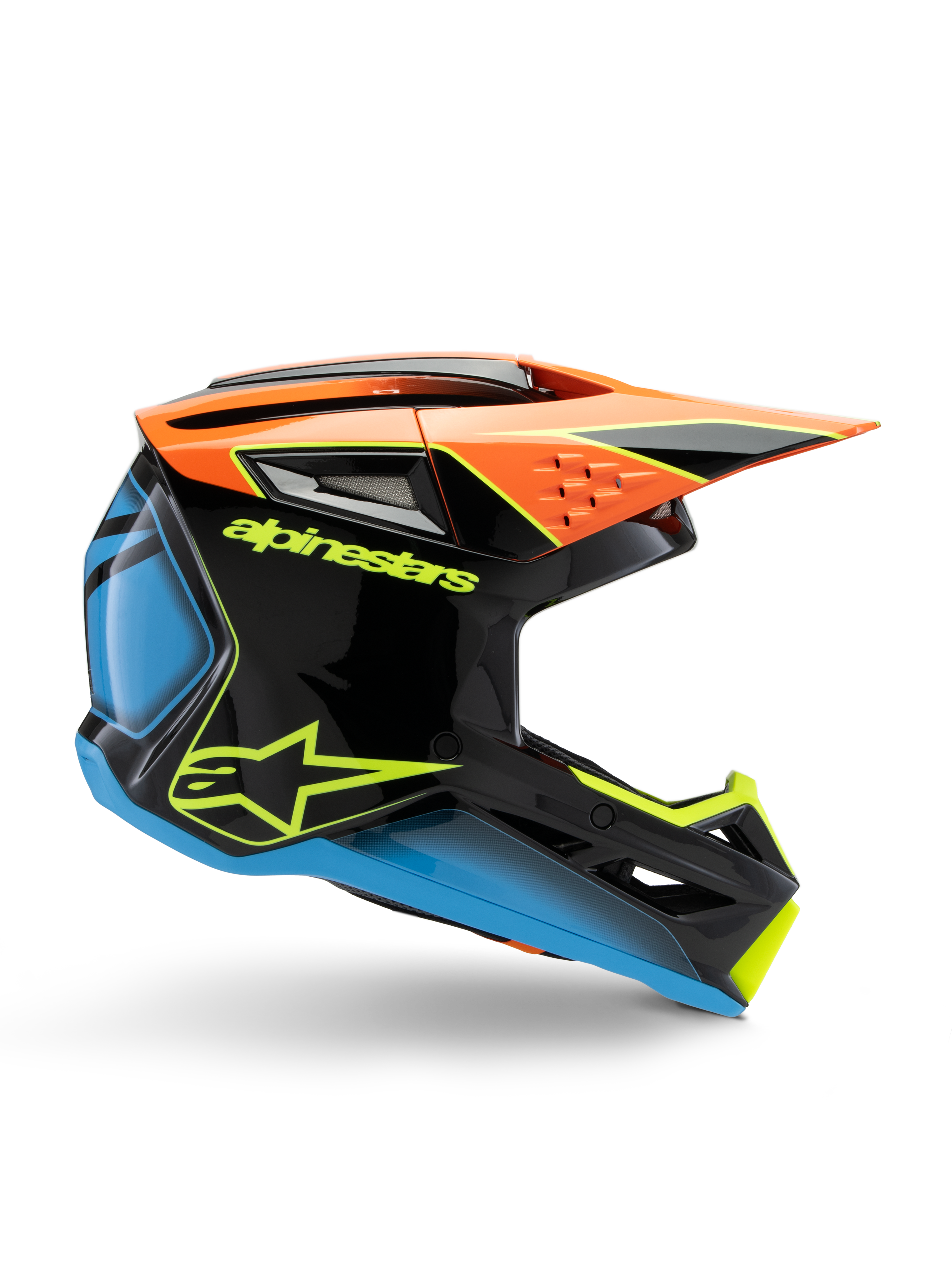 Alpinestars S-M3 Youth Fray Helmet, capacete de motocross, preto com detalhes em laranja, azul e amarelo fluorescente, vista de perfil lateral exibindo design aerodinâmico, entradas de ar e viseira pronunciada, acabamento brilhante com logótipo amarelo em destaque