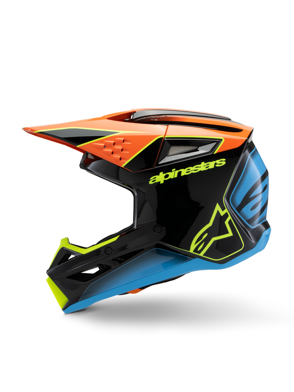 Capacete Alpinestars S-M3 Youth Fray, capacete de motocross, preto com detalhes em laranja, amarelo e azul, vista de perfil lateral, com logótipos Alpinestars em destaque, design agressivo com uma viseira grande e aberturas de ventilação, equipamento de proteção de alto brilho para jovens pilotos de todo-o-terreno
