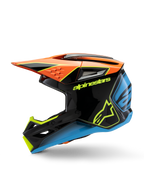 Capacete Alpinestars S-M3 Youth Fray, capacete de motocross, preto com detalhes em laranja, amarelo e azul, vista de perfil lateral, com logótipos Alpinestars em destaque, design agressivo com uma viseira grande e aberturas de ventilação, equipamento de proteção de alto brilho para jovens pilotos de todo-o-terreno