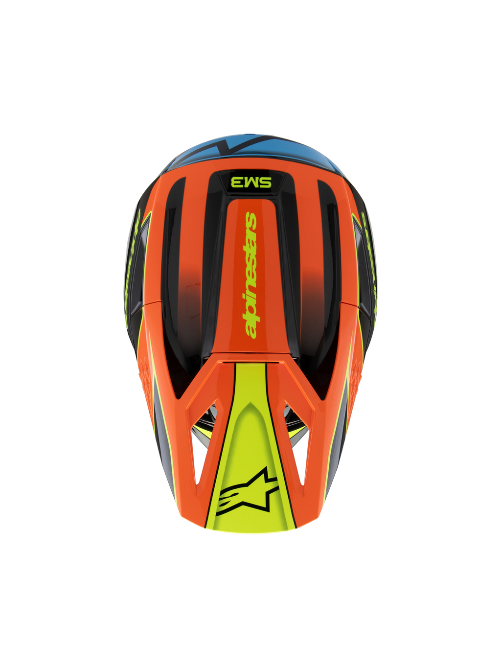 Capacete Alpinestars S-M3 Youth Fray, vista superior, laranja, preto e amarelo com detalhes em azul, com a marca 'alpinestars' e logótipo de estrela na viseira, design aerodinâmico para motocross juvenil e condução off-road