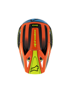 Capacete Alpinestars S-M3 Youth Fray, vista superior, laranja, preto e amarelo com detalhes em azul, com a marca 'alpinestars' e logótipo de estrela na viseira, design aerodinâmico para motocross juvenil e condução off-road