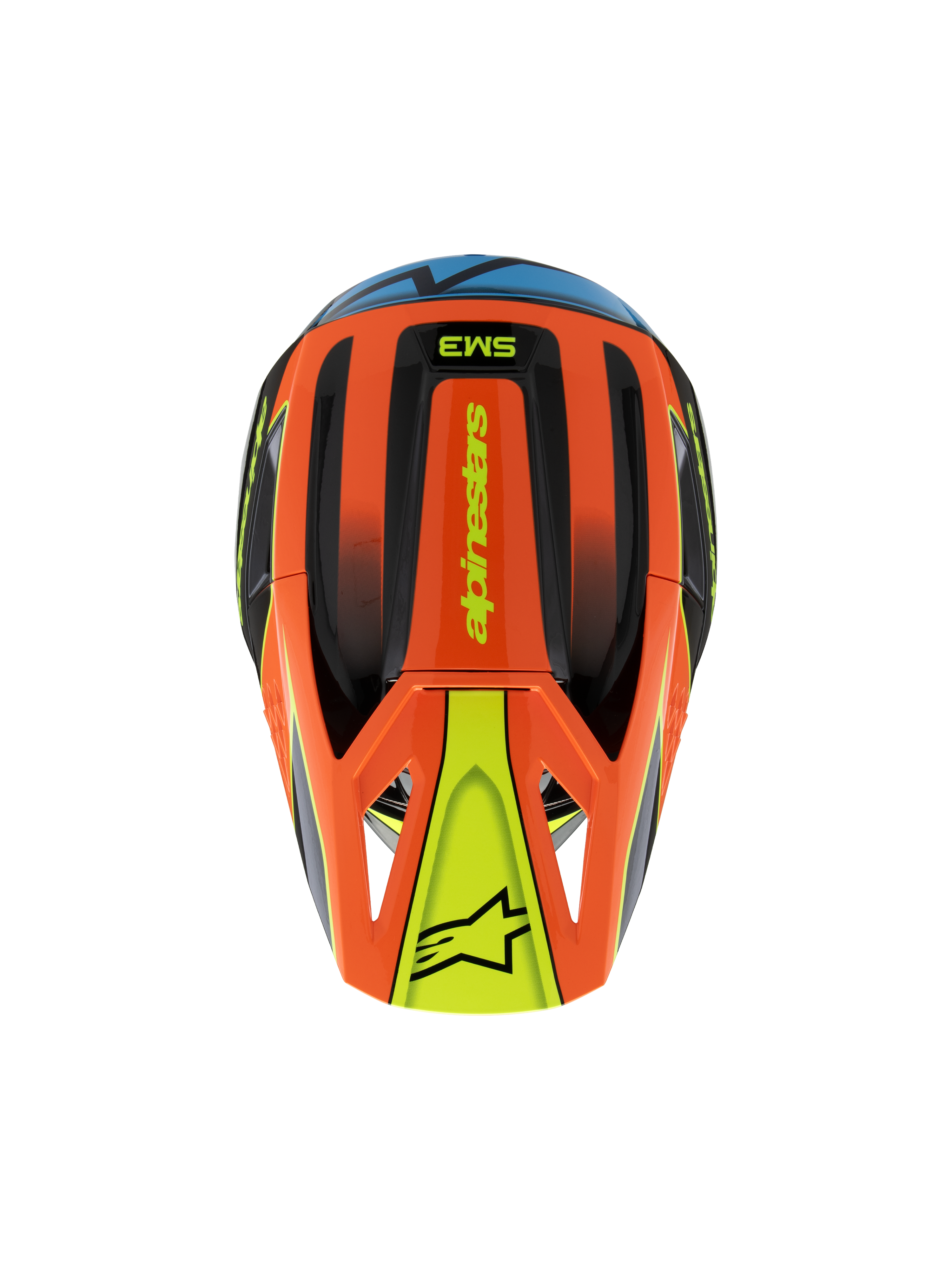 Capacete Alpinestars S-M3 Youth Fray, vista superior, laranja, preto e amarelo com detalhes em azul, com a marca 'alpinestars' e logótipo de estrela na viseira, design aerodinâmico para motocross juvenil e condução off-road