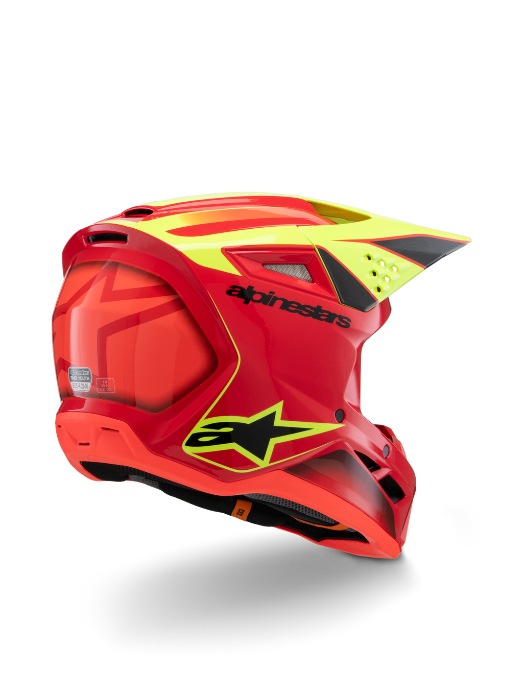 Capacete Alpinestars S-M3 Youth Fray, vermelho e amarelo fluo brilhante, vista traseira de três quartos, com logótipos pretos destacados e aberturas aerodinâmicas, capacete de motocross para jovens de alta visibilidade