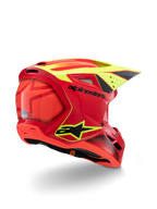 Capacete Alpinestars S-M3 Youth Fray, vermelho e amarelo fluo brilhante, vista traseira de três quartos, com logótipos pretos destacados e aberturas aerodinâmicas, capacete de motocross para jovens de alta visibilidade