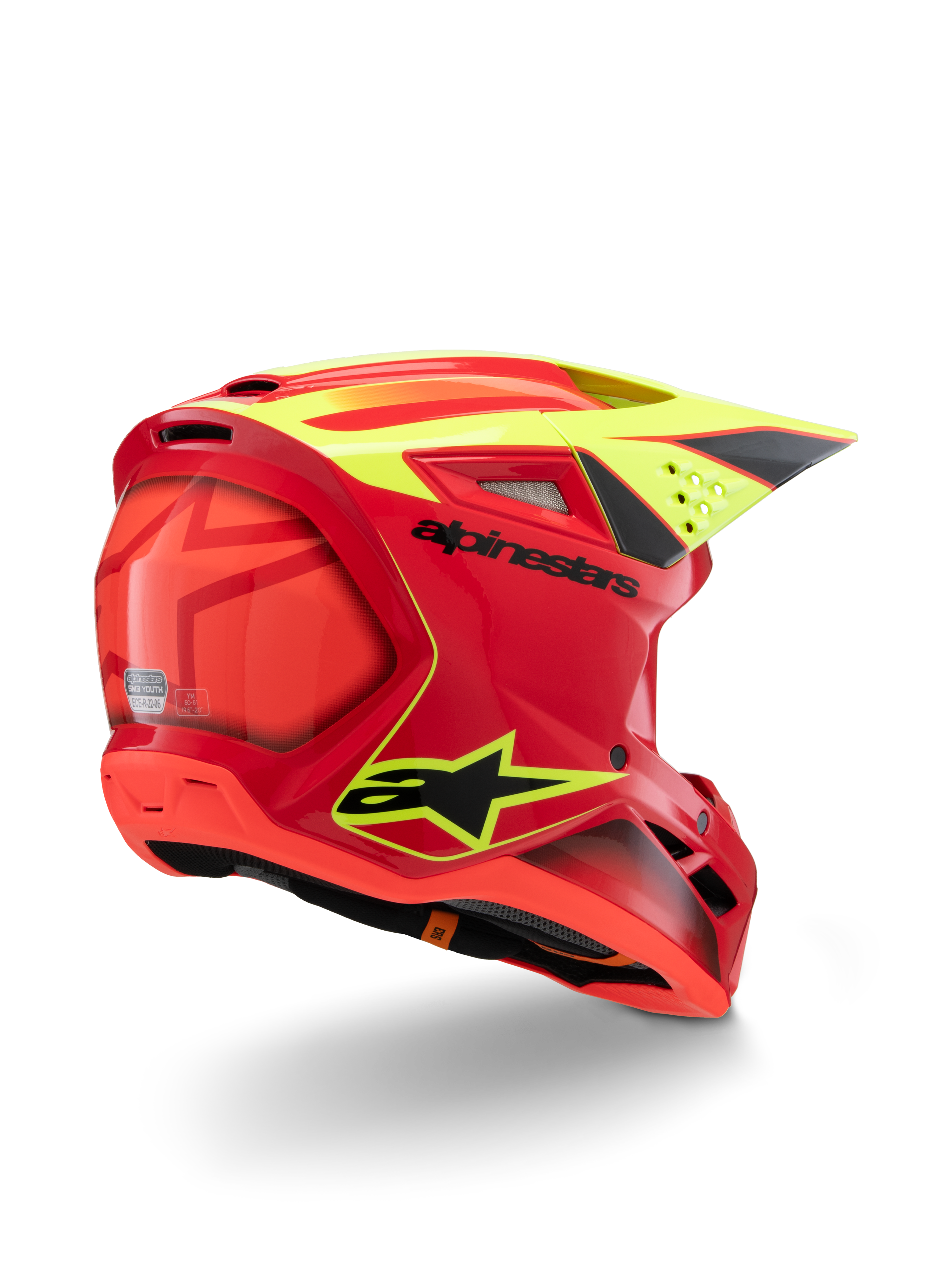 Capacete Alpinestars S-M3 Youth Fray, vermelho e amarelo fluo brilhante, vista traseira de três quartos, com logótipos pretos destacados e aberturas aerodinâmicas, capacete de motocross para jovens de alta visibilidade