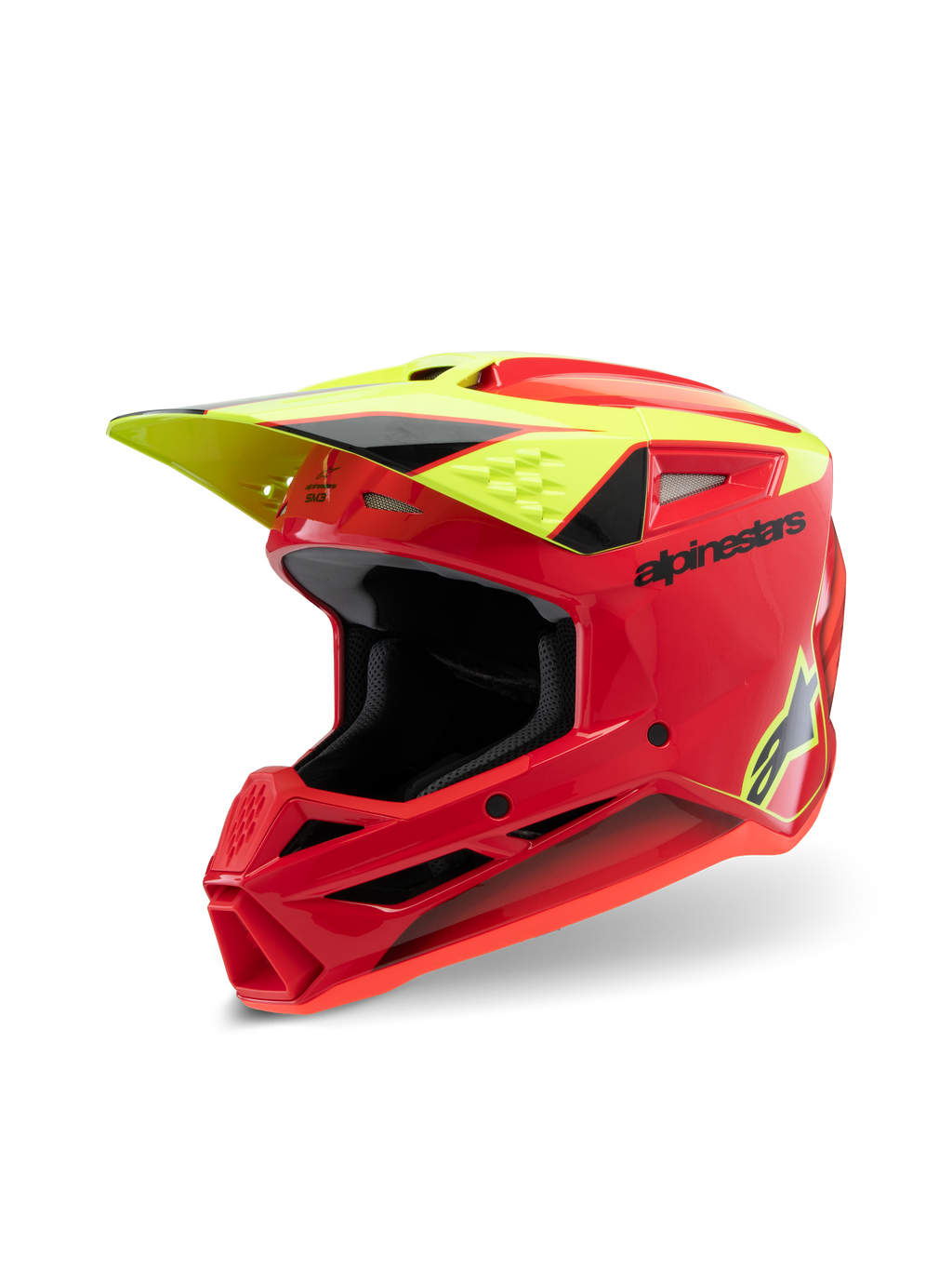 Capacete Alpinestars S-M3 Youth Fray, capacete de motocross, vermelho, amarelo fluorescente e preto brilhante, com design aerodinâmico agressivo, pala protetora e múltiplas aberturas de ventilação para performance off-road.