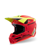 Capacete Alpinestars S-M3 Youth Fray, capacete de motocross, vermelho, amarelo fluorescente e preto brilhante, com design aerodinâmico agressivo, pala protetora e múltiplas aberturas de ventilação para performance off-road.