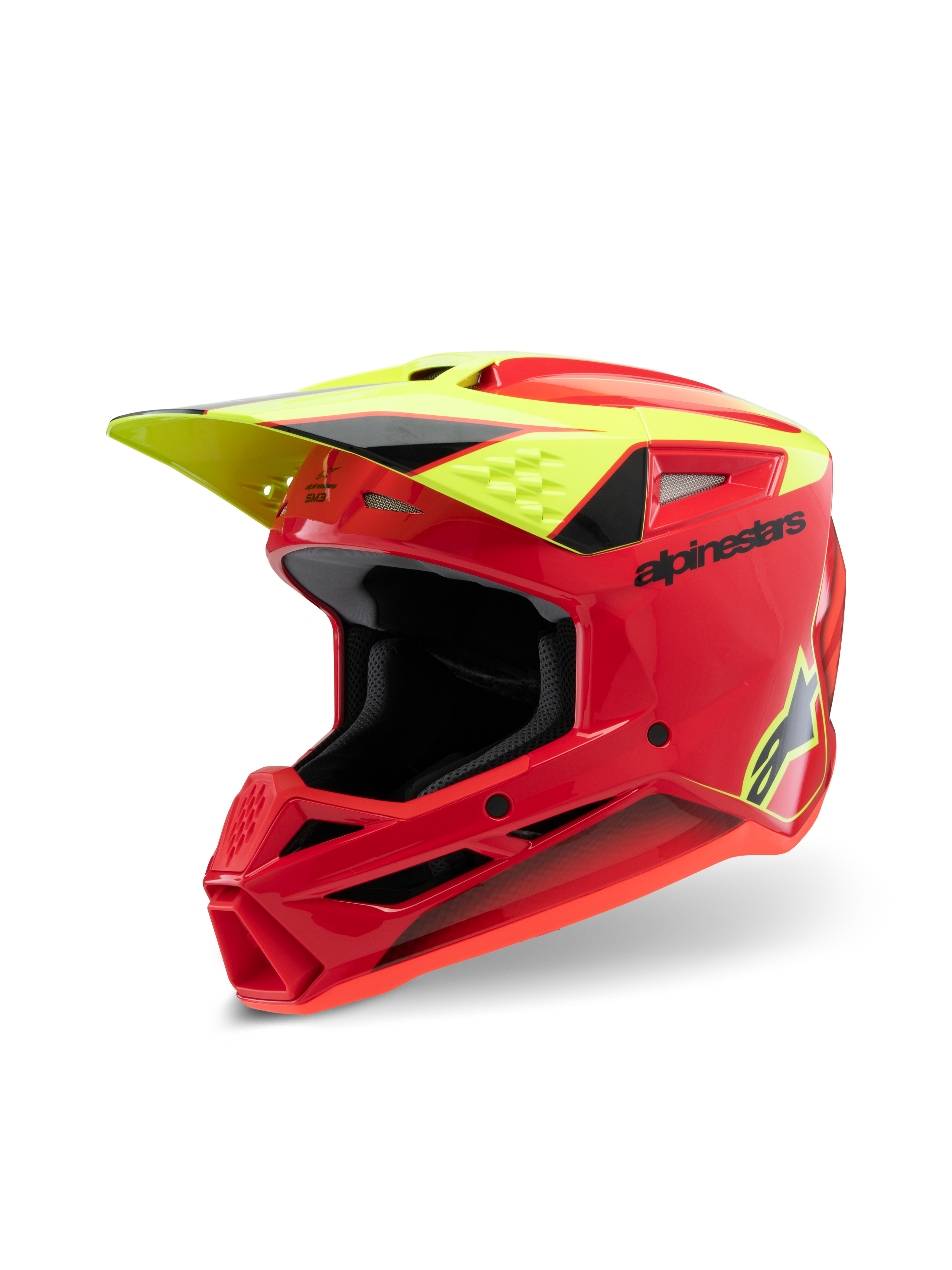 Capacete Alpinestars S-M3 Youth Fray, capacete de motocross, vermelho, amarelo fluorescente e preto brilhante, com design aerodinâmico agressivo, pala protetora e múltiplas aberturas de ventilação para performance off-road.