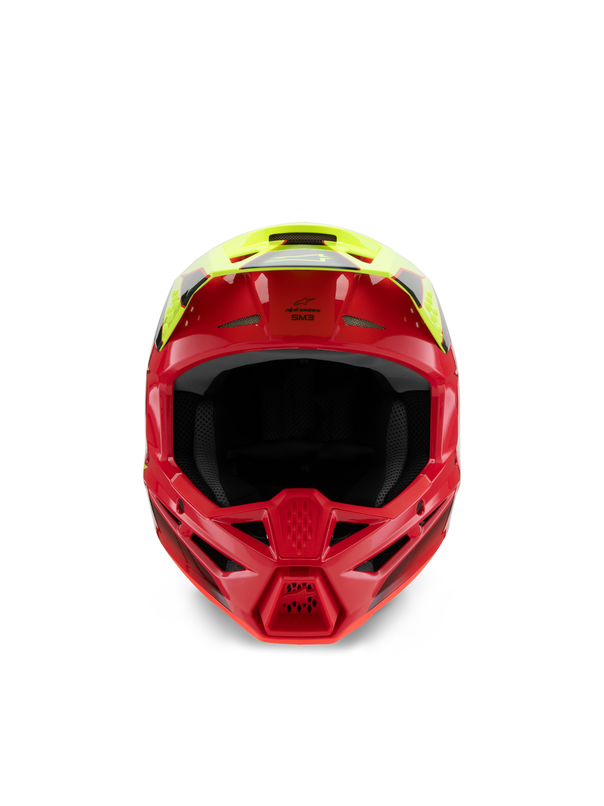 Alpinestars S-M3 Youth Fray Helmet, capacete de motocross, vermelho e amarelo néon brilhante, vista frontal realçando as entradas de ventilação e a queixeira agressiva, proteção de cabeça especializada em off-road para pilotos jovens