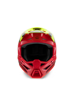 Alpinestars S-M3 Youth Fray Helmet, capacete de motocross, vermelho e amarelo néon brilhante, vista frontal realçando as entradas de ventilação e a queixeira agressiva, proteção de cabeça especializada em off-road para pilotos jovens