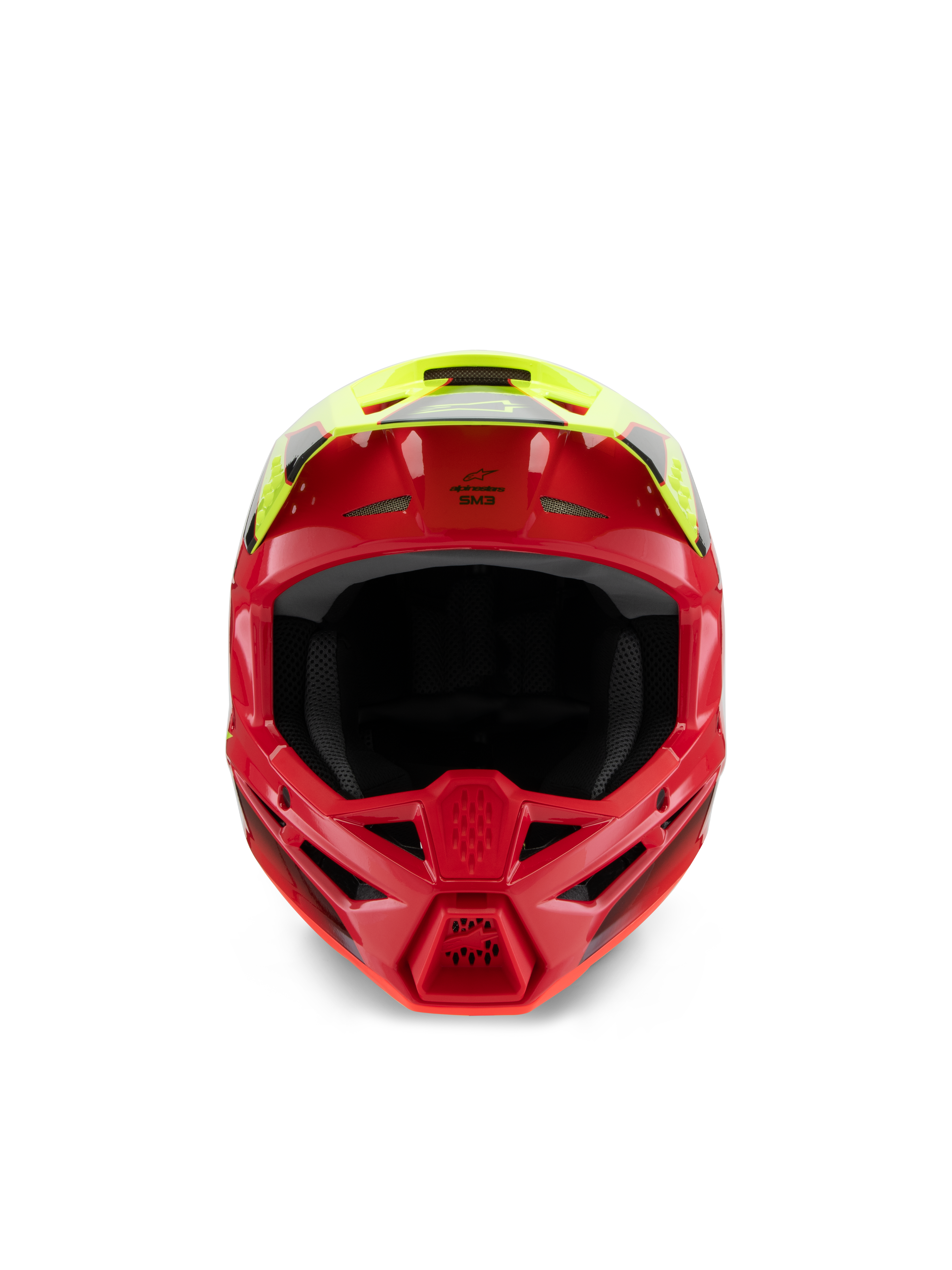 Alpinestars S-M3 Youth Fray Helmet, capacete de motocross, vermelho e amarelo néon brilhante, vista frontal realçando as entradas de ventilação e a queixeira agressiva, proteção de cabeça especializada em off-road para pilotos jovens