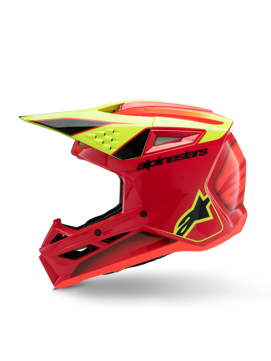 Capacete Alpinestars S-M3 Youth Fray, capacete de motocross, vermelho, amarelo fluo e preto brilhante, vista de perfil apresentando viseira aerodinâmica, entradas de ventilação e branding marcante, equipamento de proteção off-road para jovens