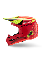 Capacete Alpinestars S-M3 Youth Fray, capacete de motocross, vermelho, amarelo fluo e preto brilhante, vista de perfil apresentando viseira aerodinâmica, entradas de ventilação e branding marcante, equipamento de proteção off-road para jovens