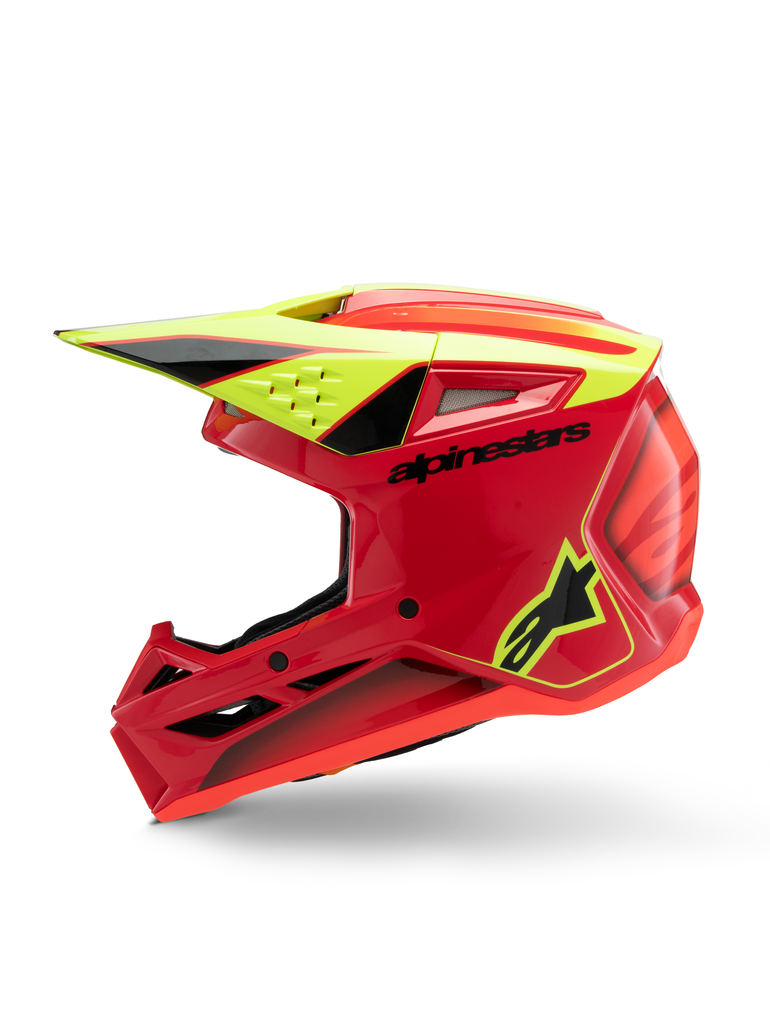 Capacete Alpinestars S-M3 Youth Fray, capacete de motocross, vermelho, amarelo fluo e preto brilhante, vista de perfil apresentando viseira aerodinâmica, entradas de ventilação e branding marcante, equipamento de proteção off-road para jovens