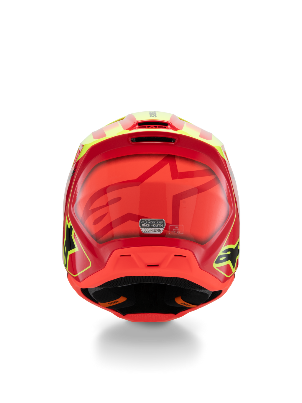 Capacete Alpinestars S-M3 Youth Fray, capacete de motocross, vermelho, amarelo fluo e preto brilhante, vista traseira apresentando um grande logótipo de estrela tonal, autocolante de certificação ECE 22.06 e design de calota aerodinâmico com logótipos laterais