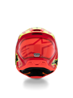 Capacete Alpinestars S-M3 Youth Fray, capacete de motocross, vermelho, amarelo fluo e preto brilhante, vista traseira apresentando um grande logótipo de estrela tonal, autocolante de certificação ECE 22.06 e design de calota aerodinâmico com logótipos laterais