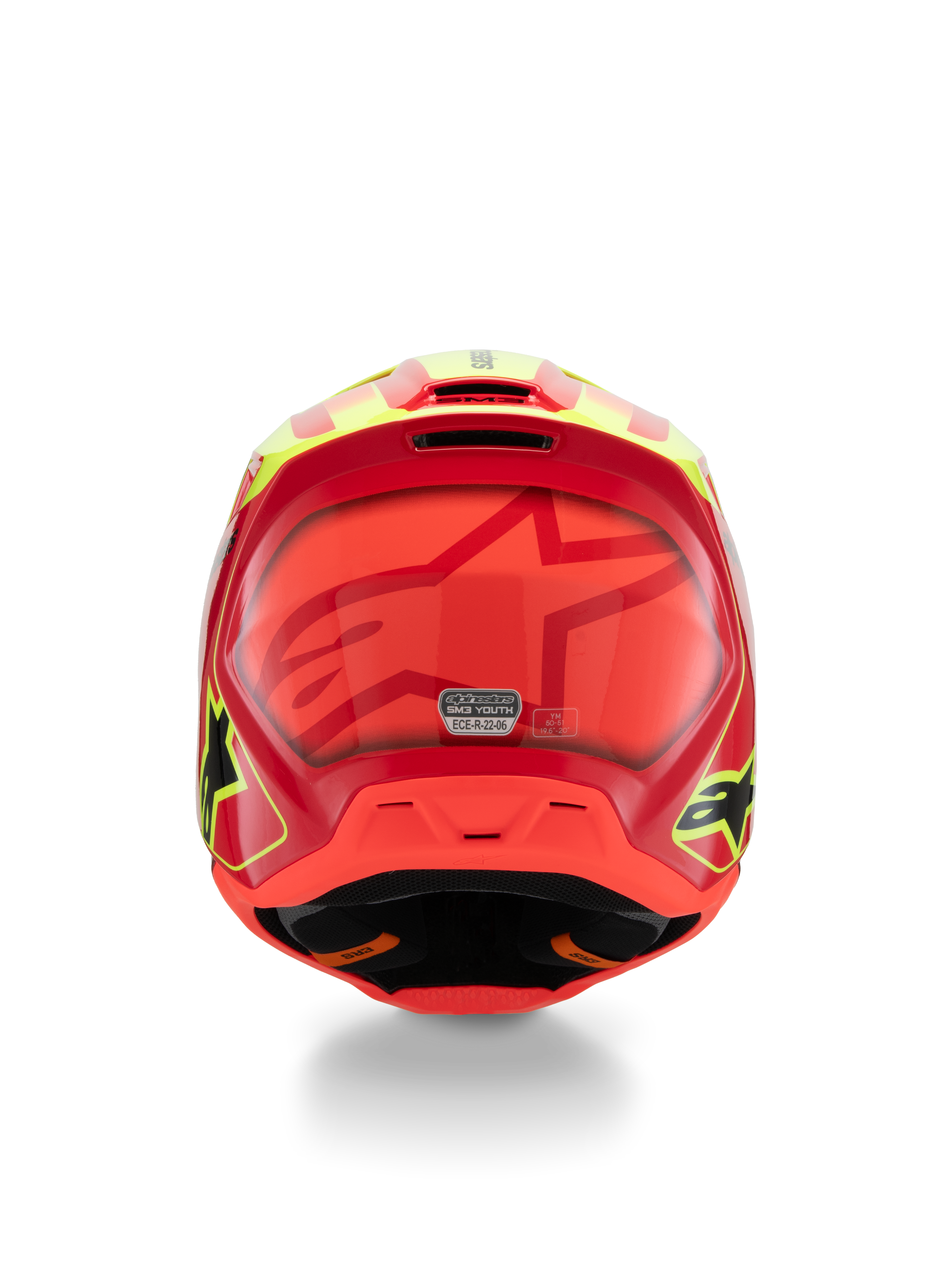 Capacete Alpinestars S-M3 Youth Fray, capacete de motocross, vermelho, amarelo fluo e preto brilhante, vista traseira apresentando um grande logótipo de estrela tonal, autocolante de certificação ECE 22.06 e design de calota aerodinâmico com logótipos laterais