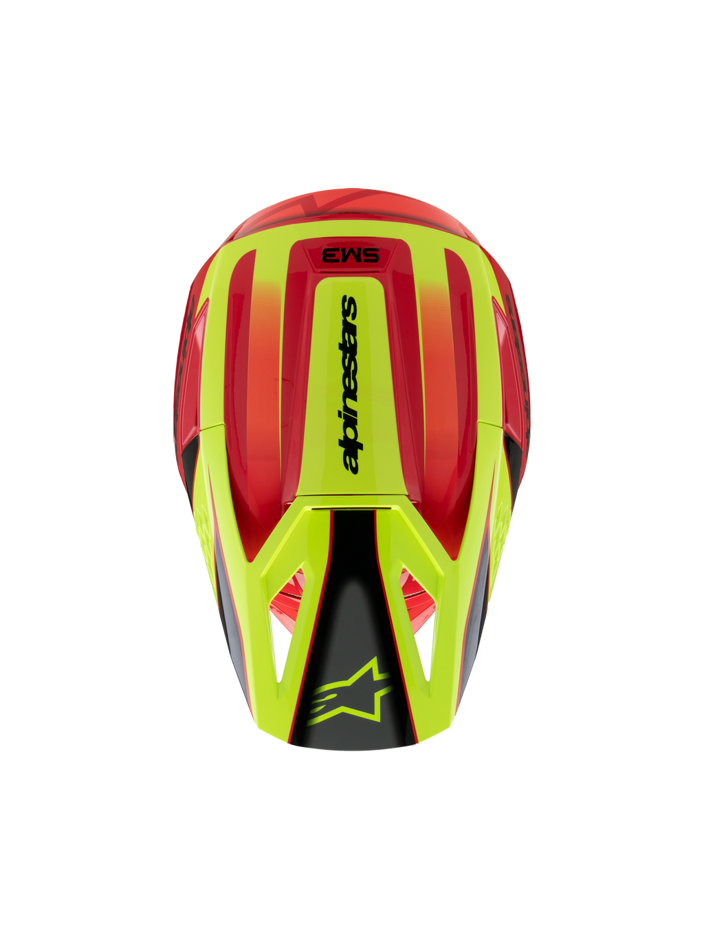 Capacete Alpinestars S-M3 Youth Fray, capacete de motocross, vermelho e amarelo fluorescente com acabamento preto brilhante, vista superior mostrando a calota aerodinâmica e o logótipo Alpinestars na viseira