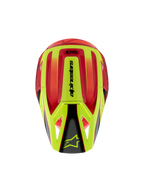 Capacete Alpinestars S-M3 Youth Fray, capacete de motocross, vermelho e amarelo fluorescente com acabamento preto brilhante, vista superior mostrando a calota aerodinâmica e o logótipo Alpinestars na viseira
