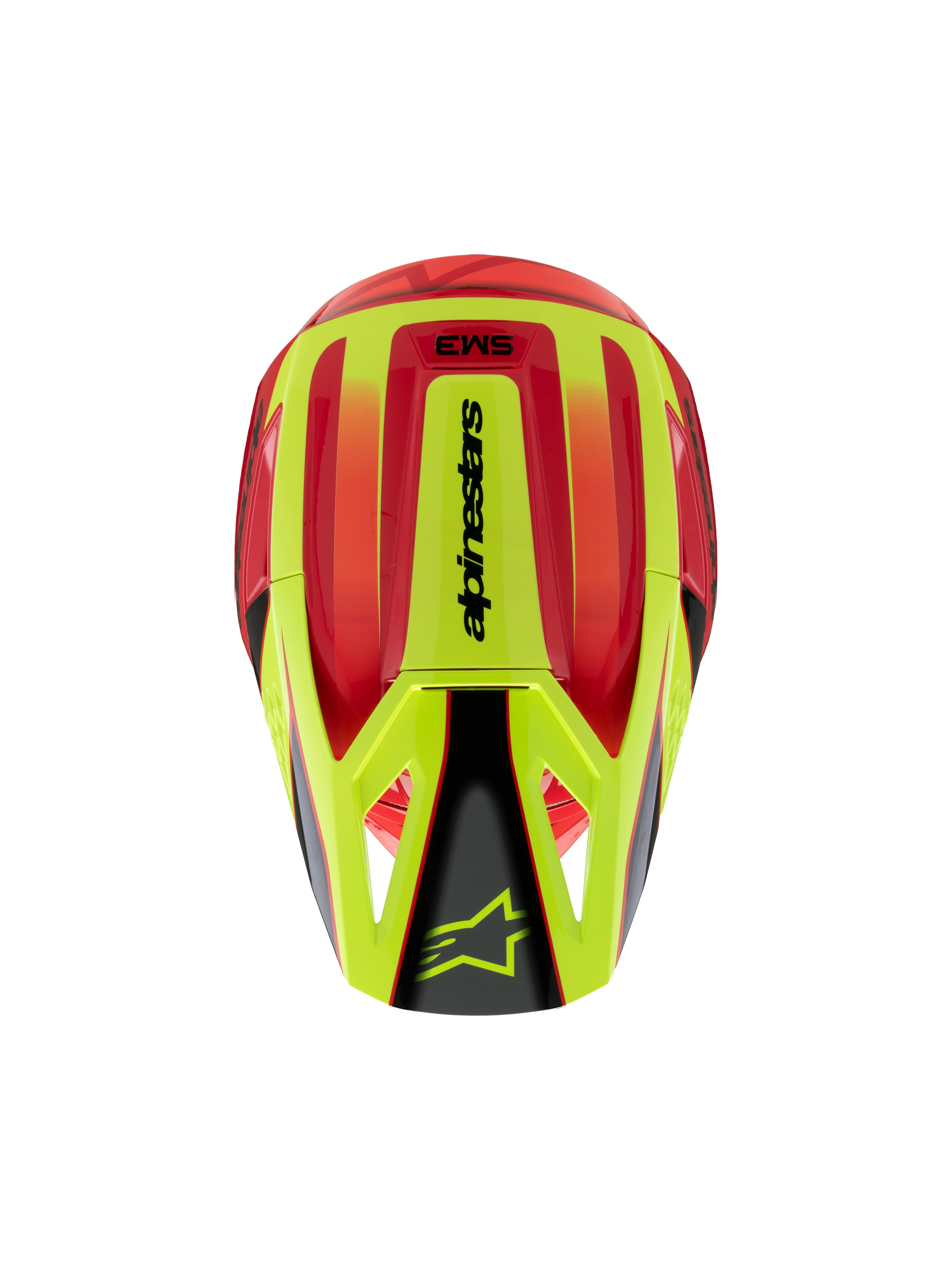 Capacete Alpinestars S-M3 Youth Fray, capacete de motocross, vermelho e amarelo fluorescente com acabamento preto brilhante, vista superior mostrando a calota aerodinâmica e o logótipo Alpinestars na viseira