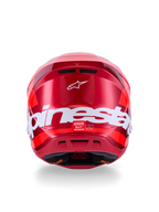 Alpinestars S-M7 Core Helmet, Red Glossy, Rear view with large white Alpinestars branding, aerodynamic shell with integrated ventilation ports, professional motocross head protection