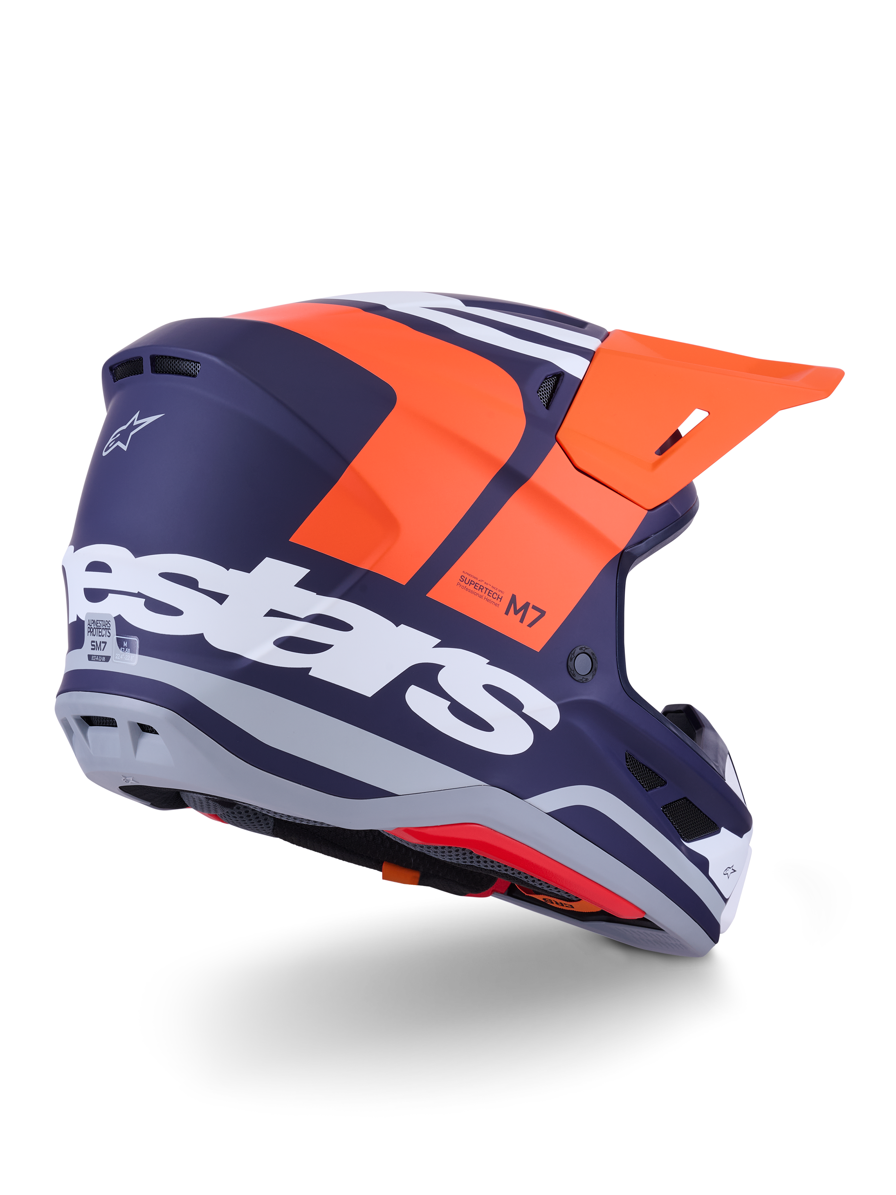 Alpinestars S-M7 Core Helmet, Motocross Helmet, Orange and Blue Matt, rear-side view featuring bold white Alpinestars branding across the back, bright orange visor, aerodynamic composite shell with grey accents, professional off-road racing protection