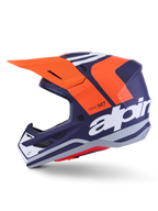 Alpinestars S-M7 Core Helmet ECE 22.06, side profile, navy blue and orange matte finish, large white branding on side, aerodynamic motocross helmet with protective visor