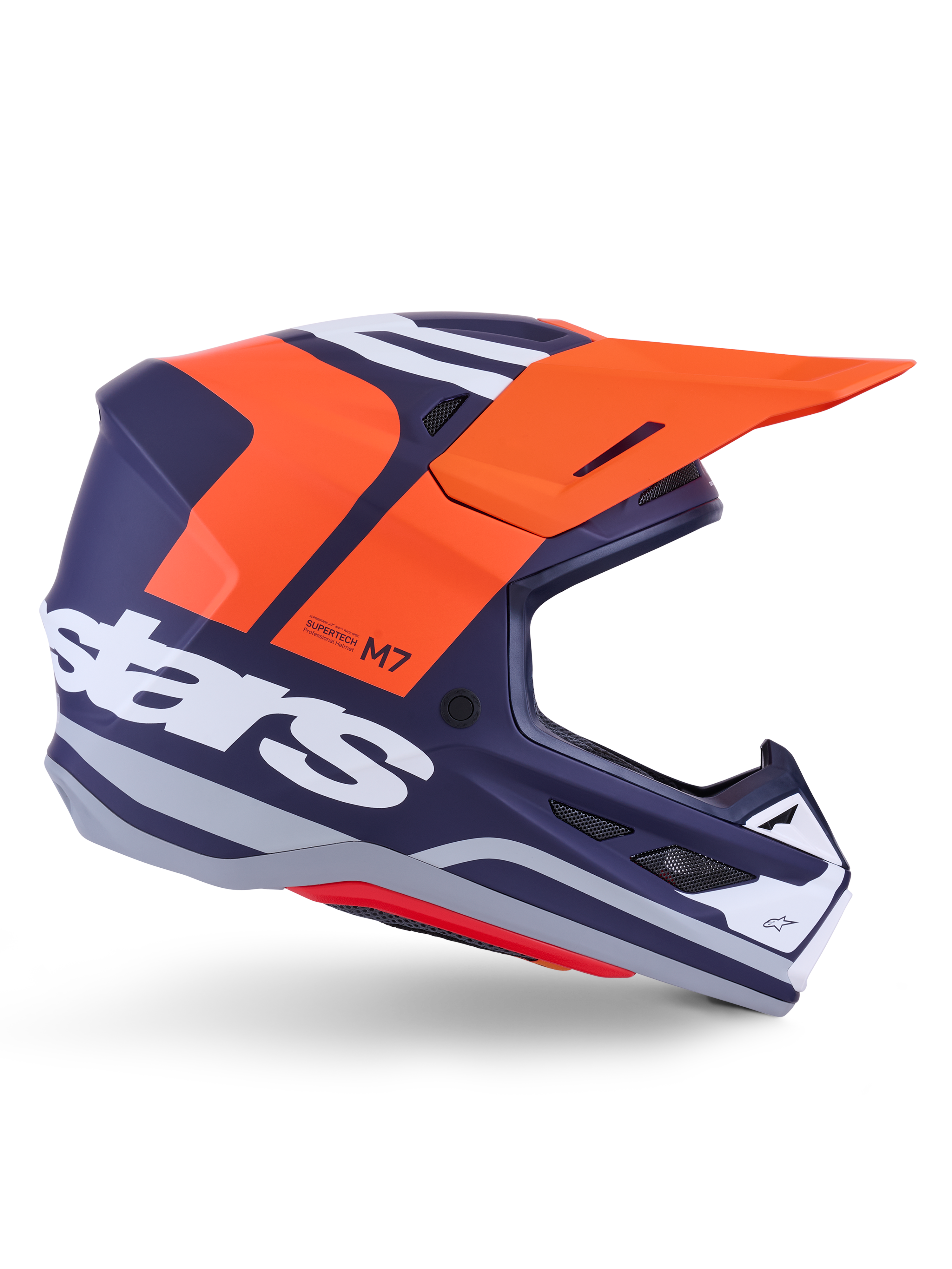 Alpinestars S-M7 Core Helmet ECE 22.06, capacete de motocross, azul-escuro mate com detalhes em laranja vibrante e branco, viseira laranja, perfil aerodinâmico com aberturas de ventilação em malha, certificado ECE 22.06