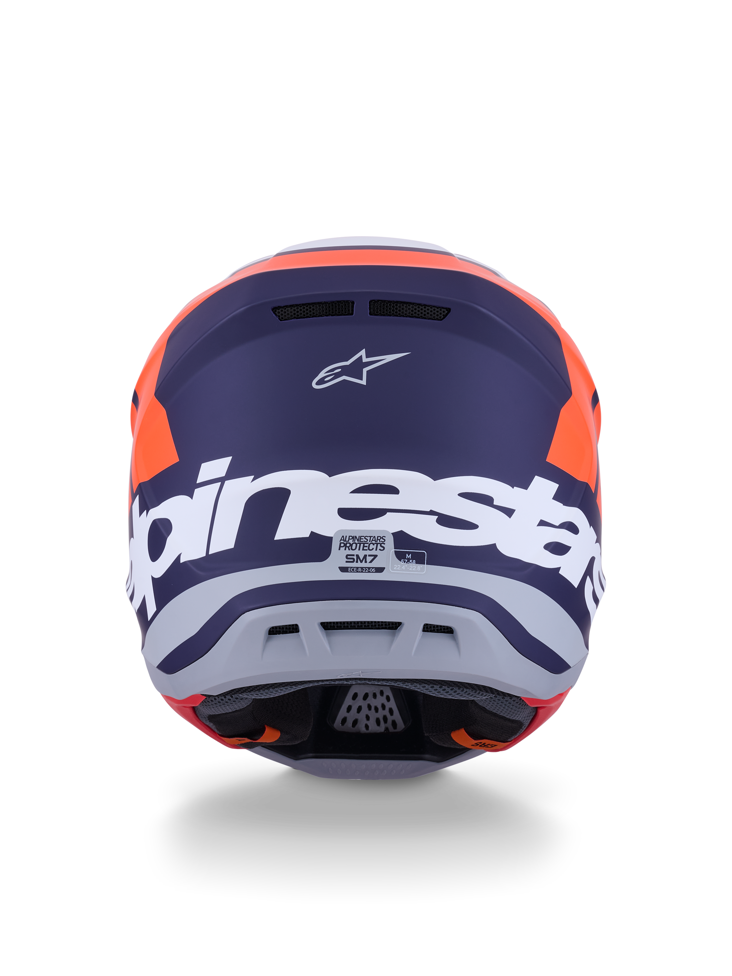 Alpinestars S-M7 Core Helmet ECE 22.06, Motocross Helmet, Orange and Blue Matt, rear view featuring large white Alpinestars branding and Astars logo, sleek aerodynamic design with integrated exhaust ports, professional-grade off-road protection