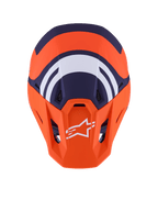 Alpinestars S-M7 Core Helmet ECE 22.06, Motocross Helmet, Orange and Blue Matt, top-down view showing navy blue and white geometric graphics, white Alpinestars logo on orange visor, aerodynamic shell design for off-road racing