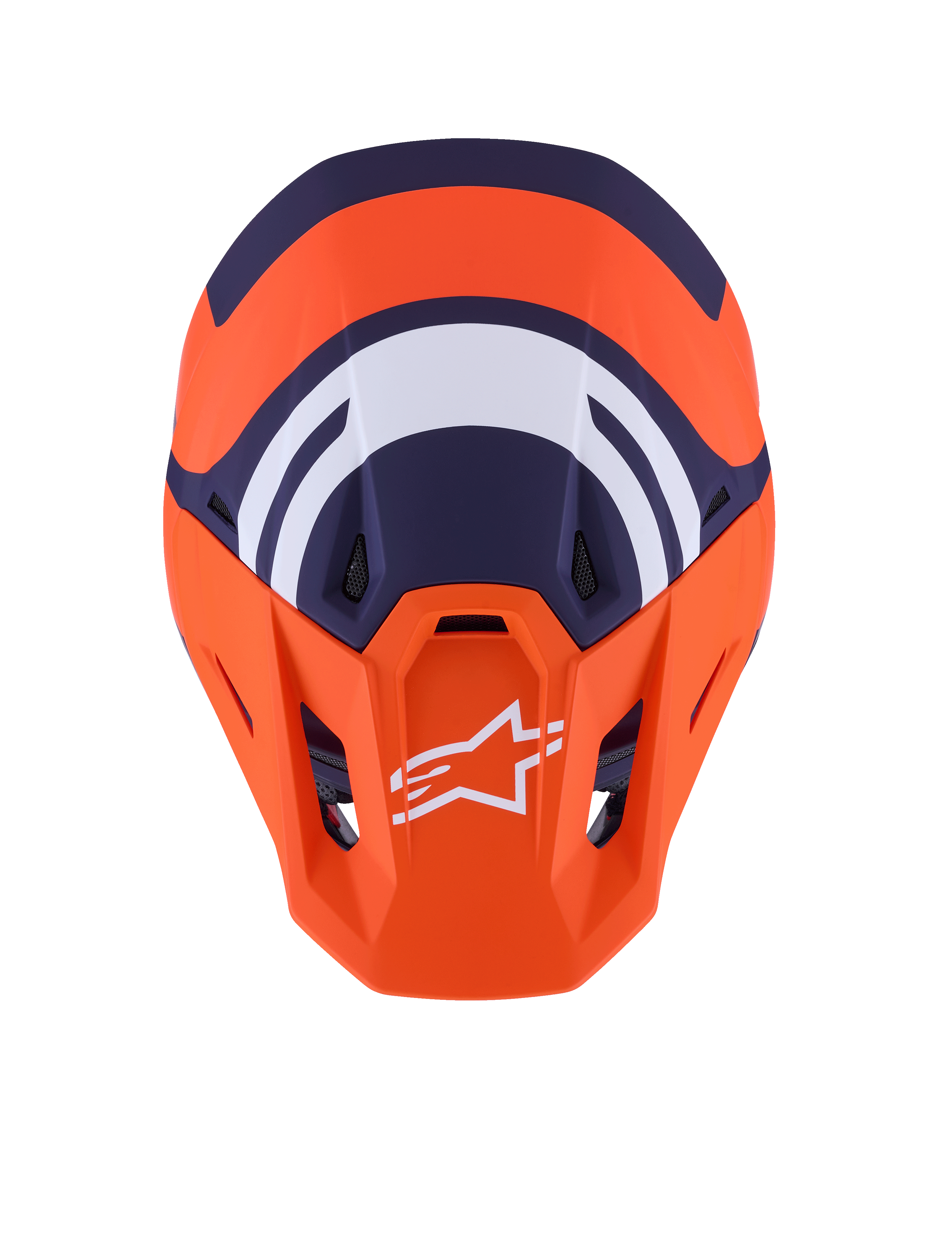 Alpinestars S-M7 Core Helmet ECE 22.06, Motocross Helmet, Orange and Blue Matt, top-down view showing navy blue and white geometric graphics, white Alpinestars logo on orange visor, aerodynamic shell design for off-road racing