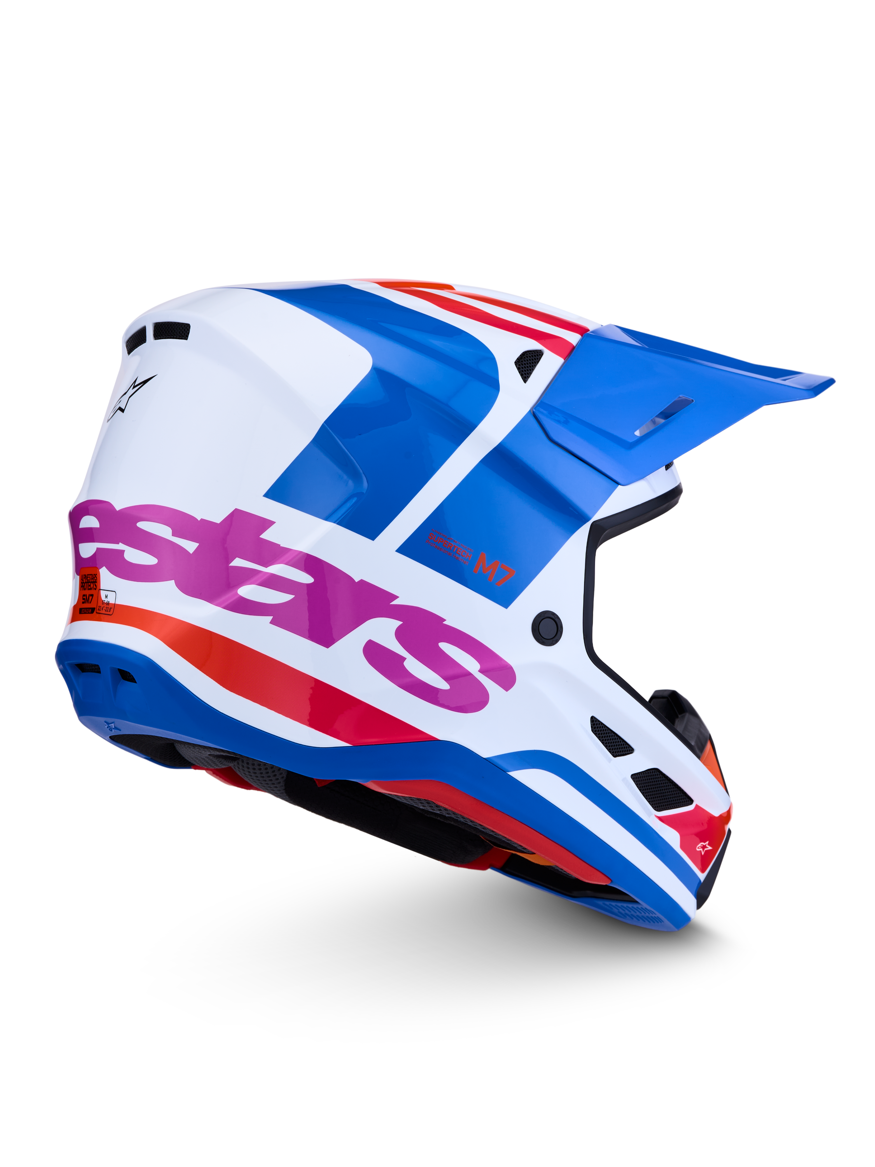 Alpinestars S-M7 Core ECE06, capacete de motocross para todo-o-terreno, branco e azul brilhante com pormenores rosa, certificado ECE 22.06.