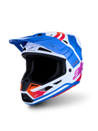Alpinestars S-M7 Core, capacete de motocross branco e azul com gráficos laranja e rosa brilhantes, certificado ECE06.