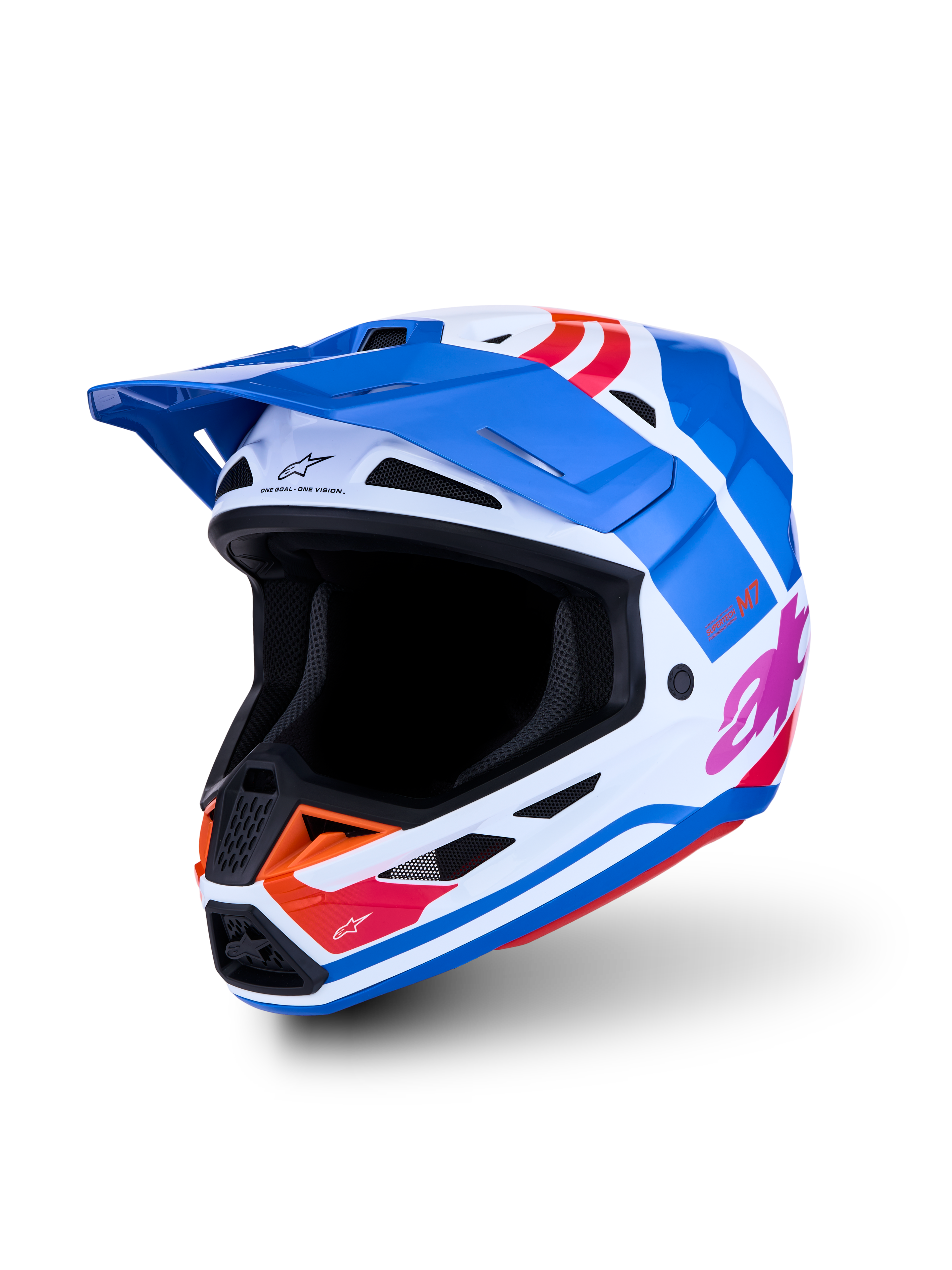 Alpinestars S-M7 Core, capacete de motocross branco e azul com gráficos laranja e rosa brilhantes, certificado ECE06.