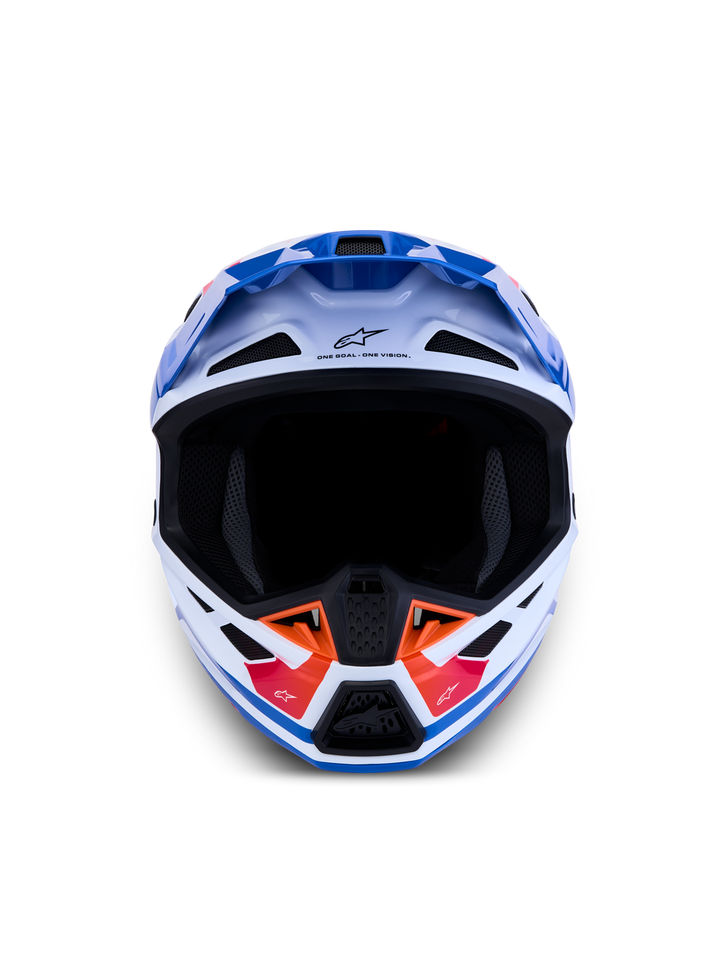 Alpinestars S-M7 Core ECE06, capacete de motocross para todo-o-terreno, branco e azul com pormenores laranja, certificado ECE 22.06, design aerodinâmico e ventilação avançada