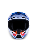 Alpinestars S-M7 Core ECE06, capacete de motocross para todo-o-terreno, branco e azul com pormenores laranja, certificado ECE 22.06, design aerodinâmico e ventilação avançada